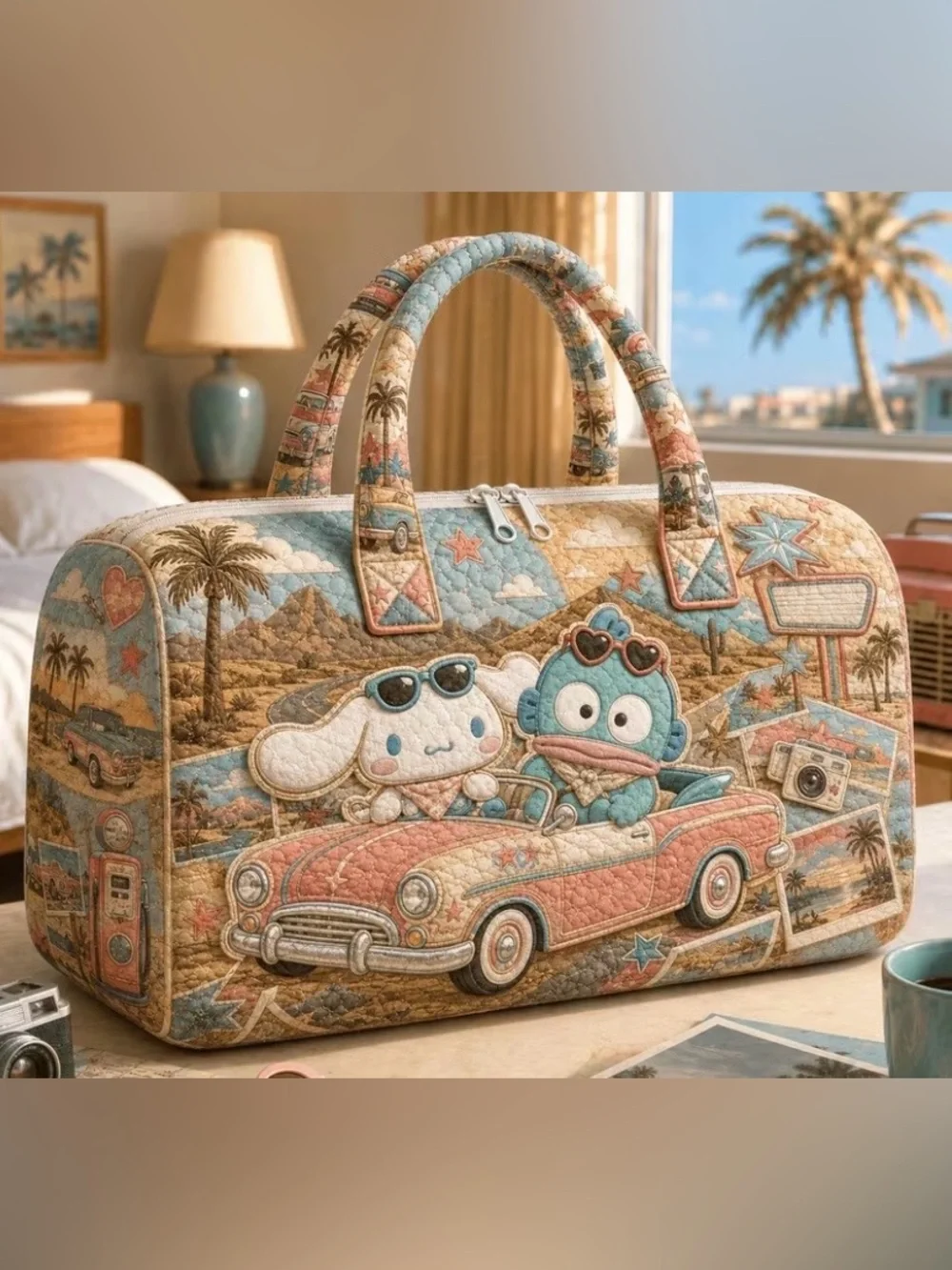 Quilted Pastel Travel Tote with Cinaroll Roadtrip Print